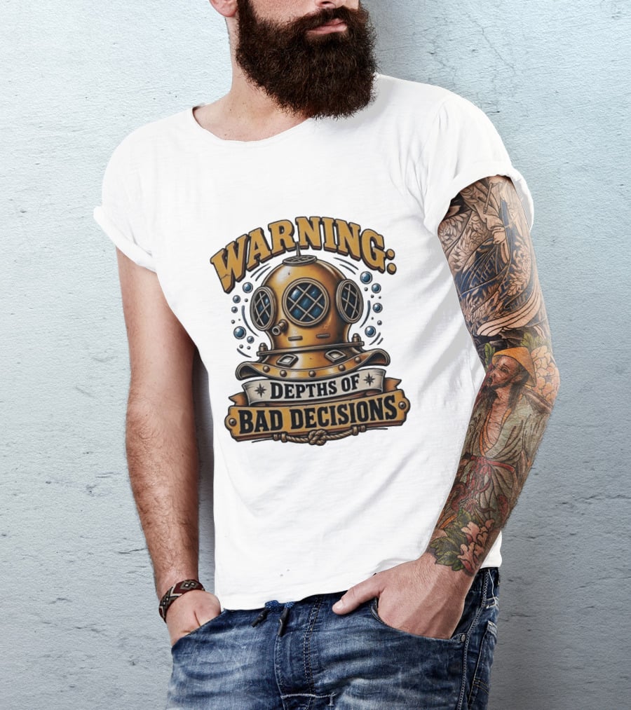 Warning Depths Of Bad Decisions Vintage Diving Helmet Adventure T-Shirt