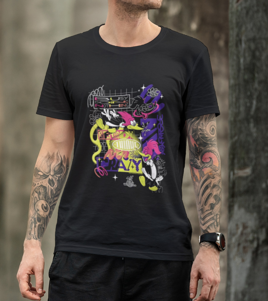 Busy Doing Nothing Everybody Thinks I'm Crazy Woody Woodpecker Walter Lantz Neon Grid Poses T-Shirt