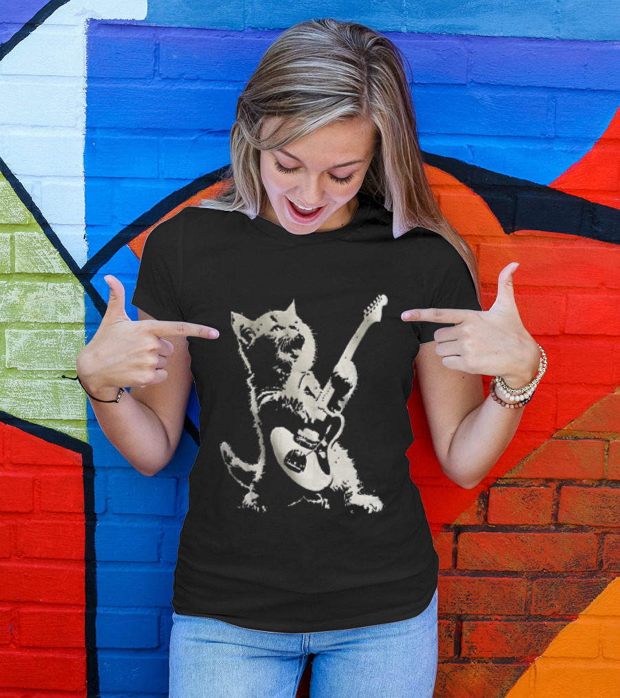 Cat Playing Electric Guitar Rocker Meowing Stencil Splatter Black And White T-Shirt