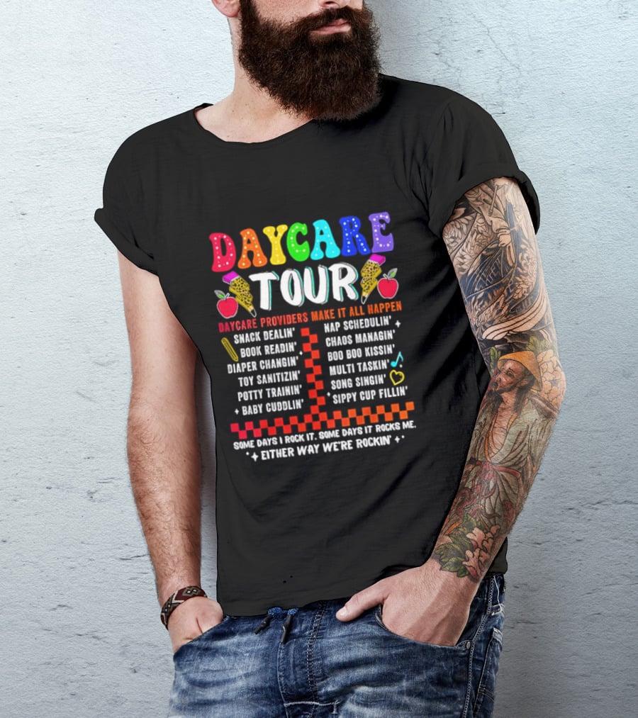 Daycare Tour Snack Dealer Nap Specialist Boo Boo Healer Puppet Creator Fun Expert Song Machine T-Shirt