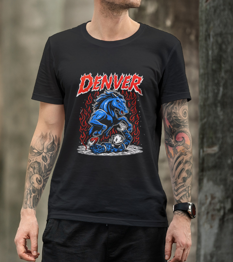 Denver Broncos Blue Horse Fire Football Player Flame T-Shirt