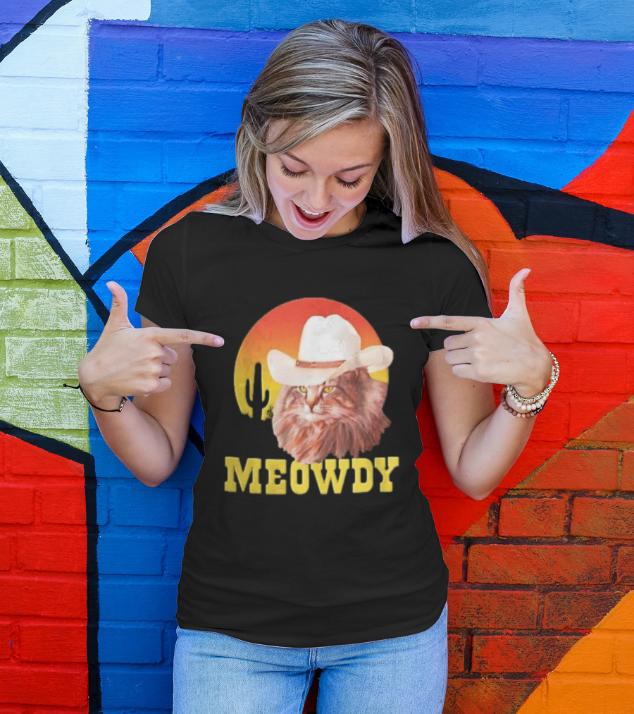 Meowdy Cowboy Cat In White Hat With Sunset And Cactus T-Shirt