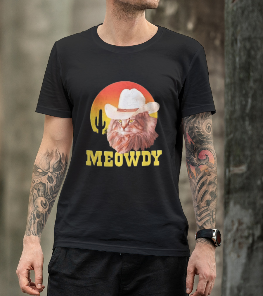 Meowdy Cowboy Cat In White Hat With Sunset And Cactus T-Shirt