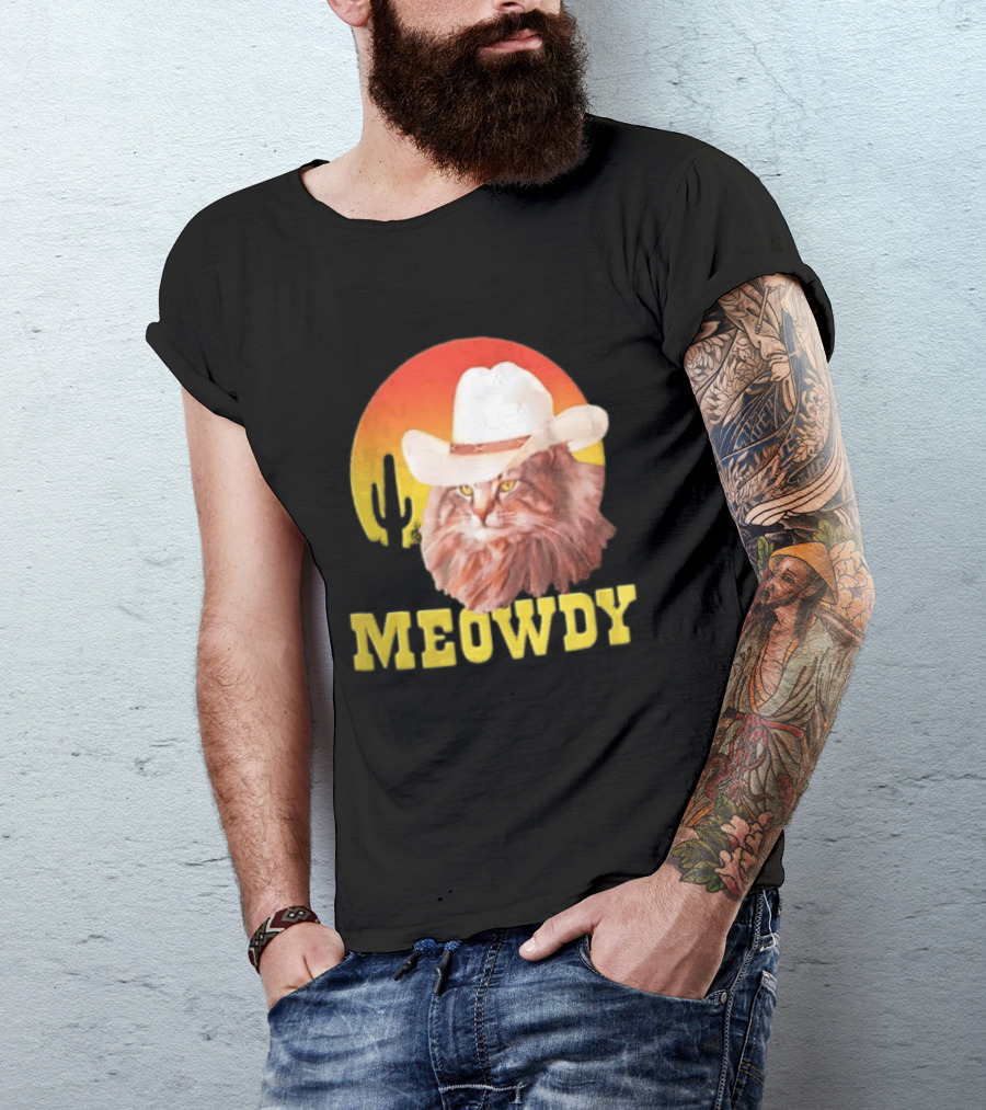 Meowdy Cowboy Cat In White Hat With Sunset And Cactus T-Shirt