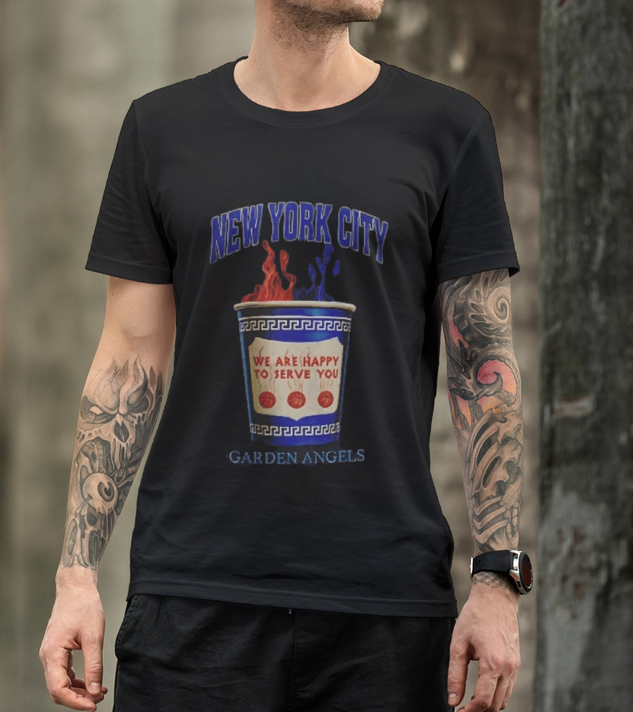 New York City Greek Coffee Cup We Are Happy To Serve You Garden Angels Flaming Basketballs T-Shirt