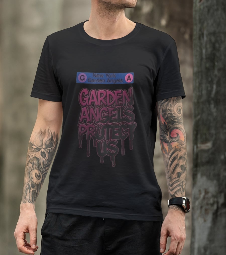 New York Garden Angels Protect Us Dripping Graffiti Subway Sign T-Shirt