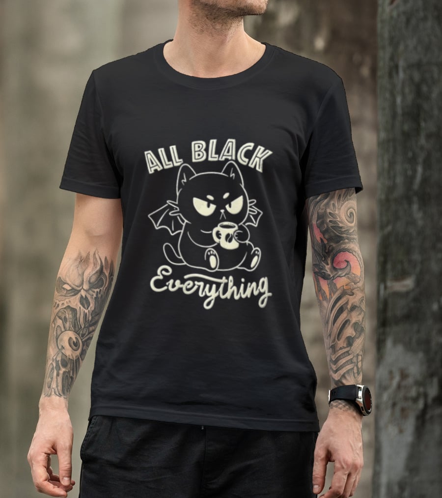 All Black Everything Cartoon Bat Cat Drinking Coffee T-Shirt