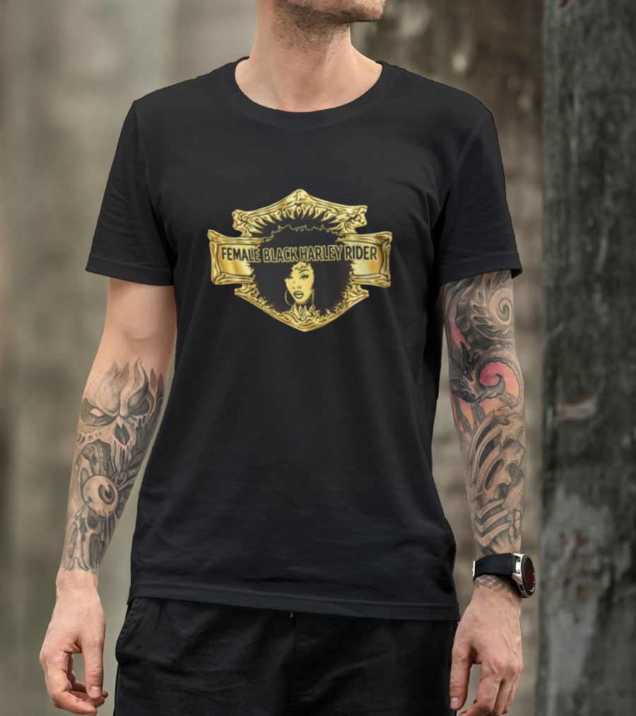 Female Black Harley Rider Gold Ornate Shield Afro T-Shirt