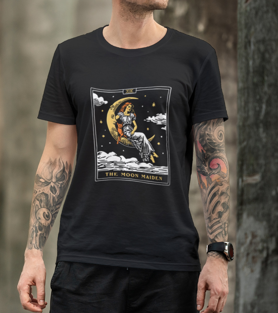 The Moon Maiden Tarot Card Crescent Cat And Stars T-Shirt