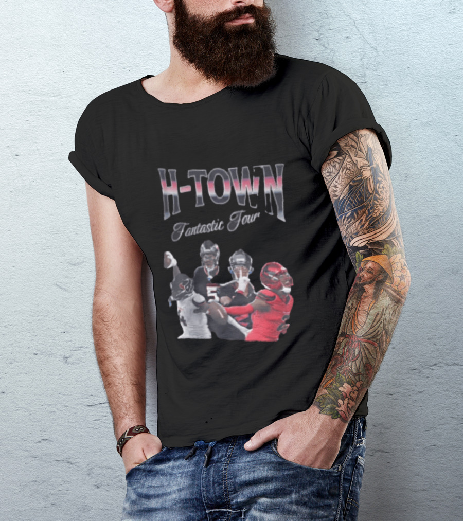 H Town Fantastic Four Houston Texans Football Players Uniform Collage T-Shirt