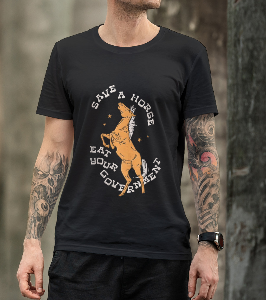 Save A Horse Eat Your Government Rearing Orange Stallion Woodcut Stars T-Shirt