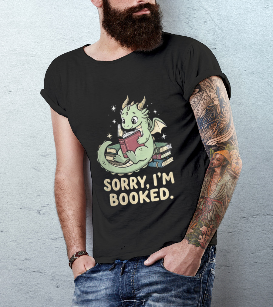 Sorry I'm Booked Cartoon Green Dragon Reading Book With Stars T-Shirt