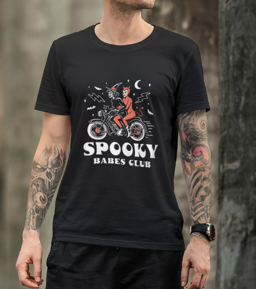 Spooky Babes Club Halloween Witch And Devil Motorcycle Riding T-Shirt