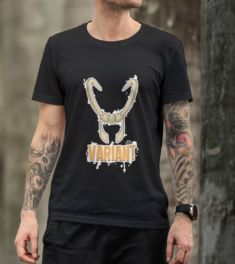 Variant Loki Horned Helmet Golden Horns White Paint Splatter Grunge Cartoon T-Shirt