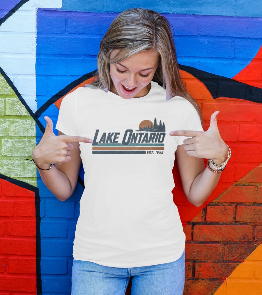 Lake Ontario Established 1956 Vintage Stripe Sunset With Lighthouse And Trees T-Shirt