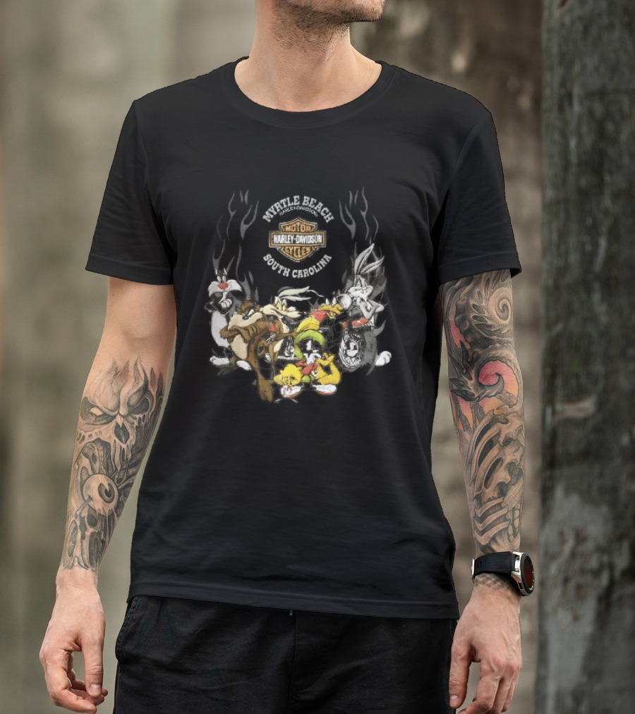 Myrtle Beach Harley Davidson Motor Cycles South Carolina Looney Tunes Bugs Bunny Daffy Duck Taz Sylvester Wile E Coyote T-Shirt
