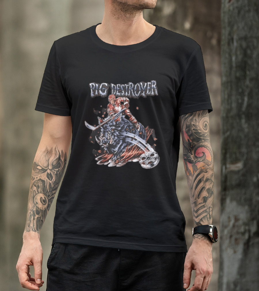 Pig Destroyer Skeleton Hockey Player Riding Wild Boar Skull Puck T-Shirt