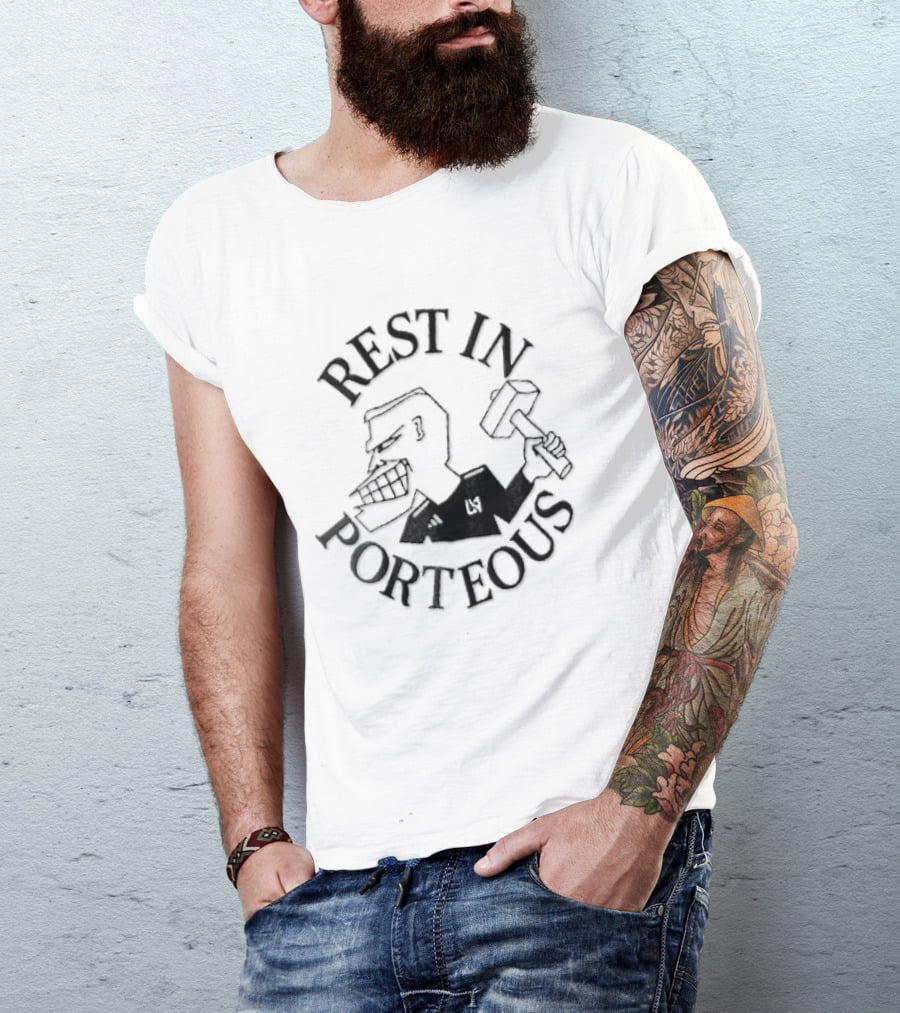 Rest In Porteous Cartoon Caricature Man Holding Hammer T-Shirt