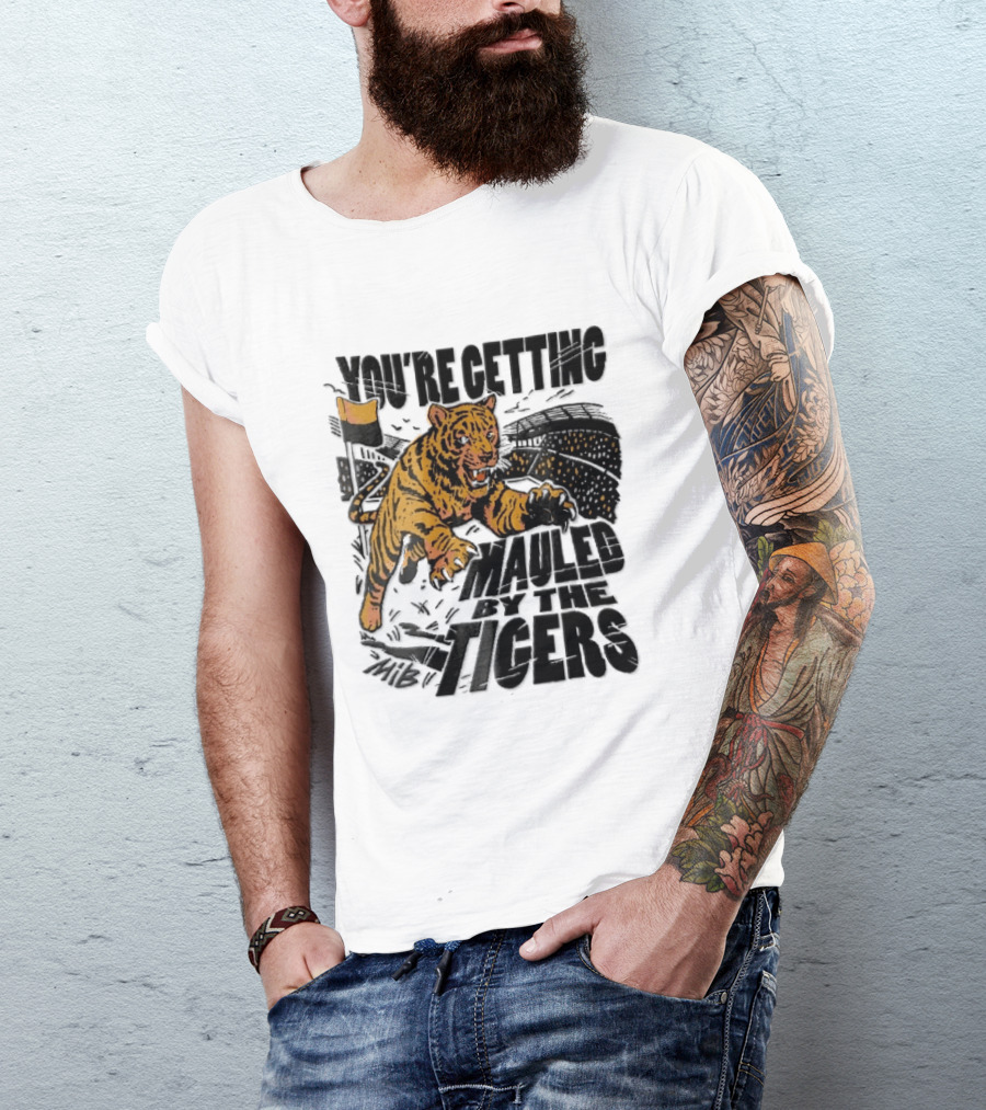 You're Getting Mauled By The Tigers Leaping Aggressive Stadium Crowd Corner Flag Woodcut T-Shirt