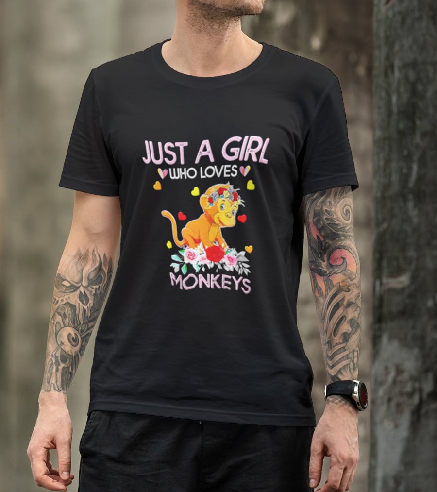 Just A Girl Who Loves Monkeys With Hearts And Flowers T-Shirt