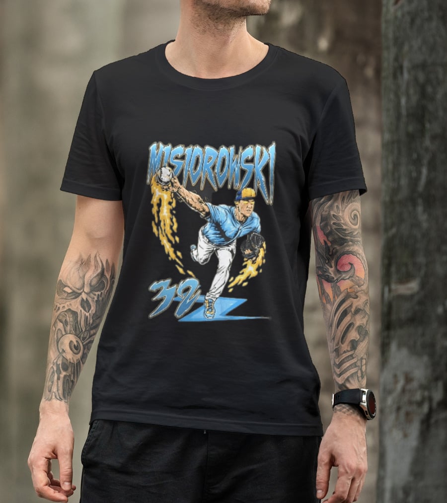 Misiorowski 32 Baseball Pitcher Throwing Flaming Ball In Action T-Shirt
