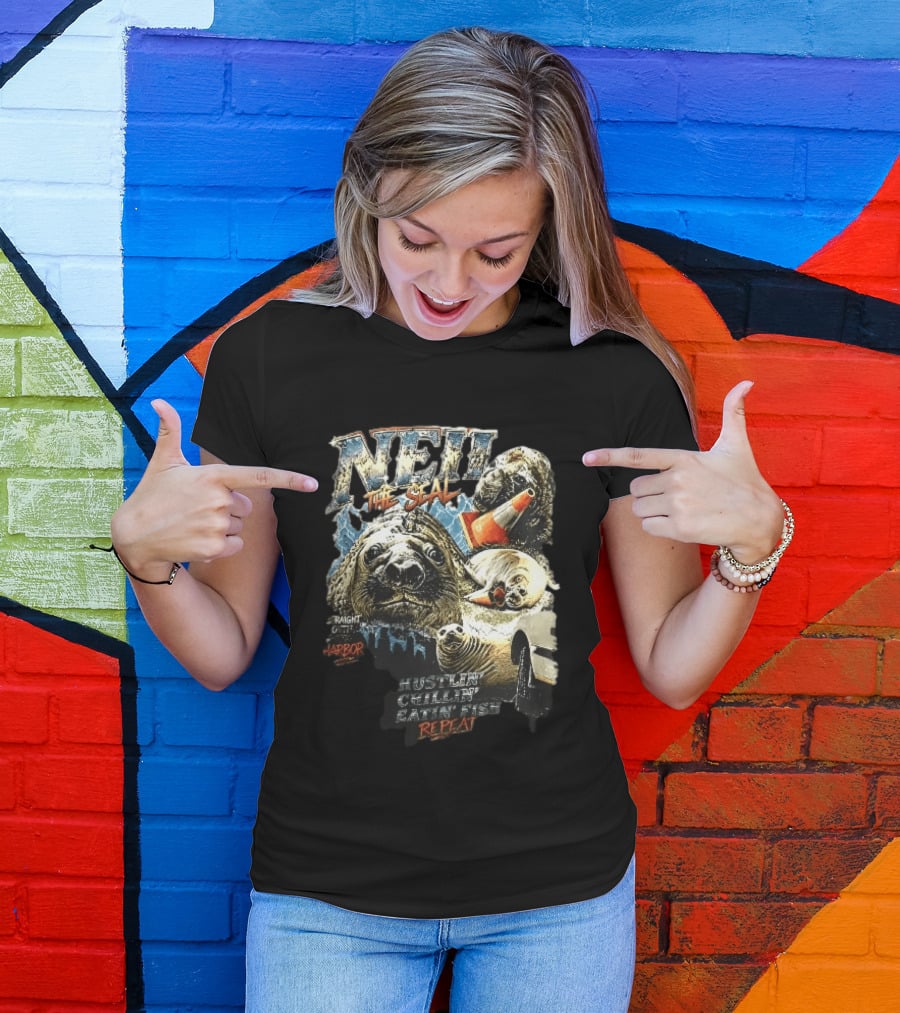 Neil The Seal Hustler Chillin Eating Fish Harbor Animal Warning Cone Repeat T-Shirt
