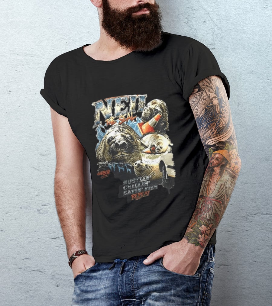 Neil The Seal Hustler Chillin Eating Fish Harbor Animal Warning Cone Repeat T-Shirt