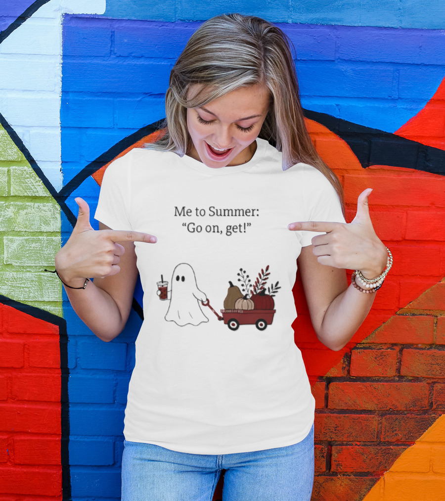 Me To Summer Go On Get Ghost With Pumpkin And Fall Leaves Wagon T-Shirt