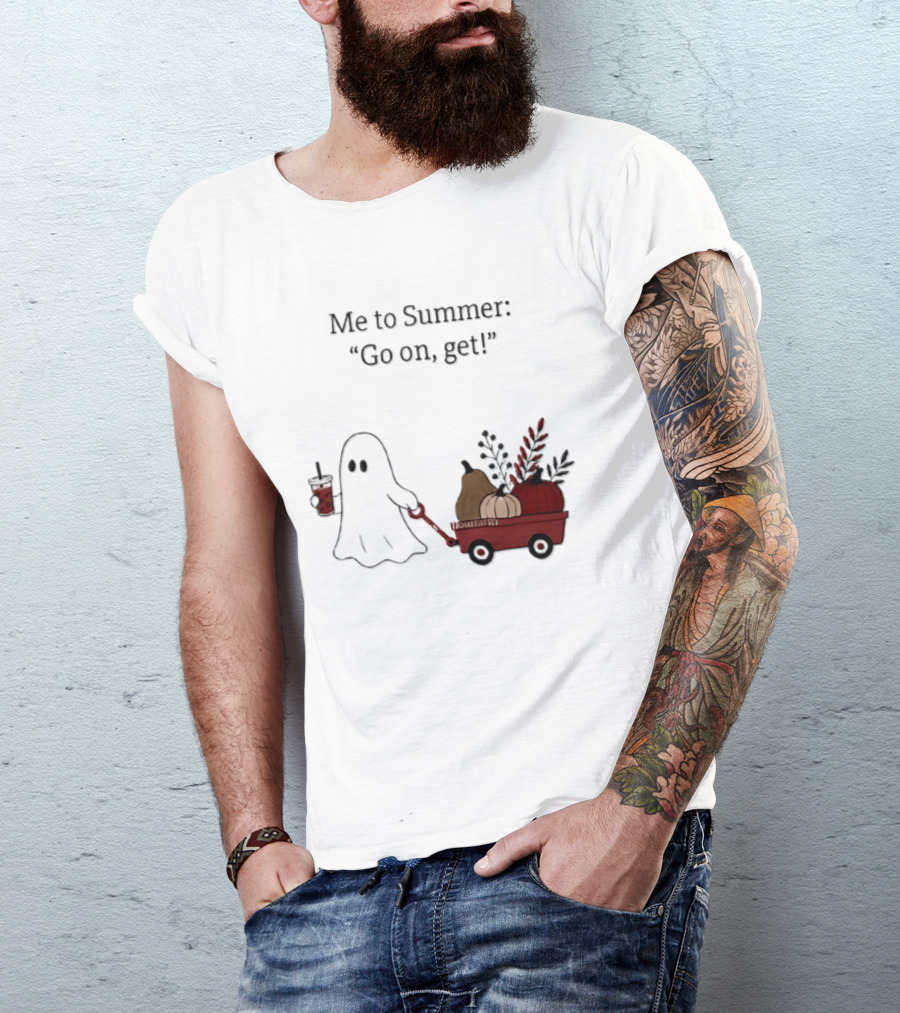 Me To Summer Go On Get Ghost With Pumpkin And Fall Leaves Wagon T-Shirt