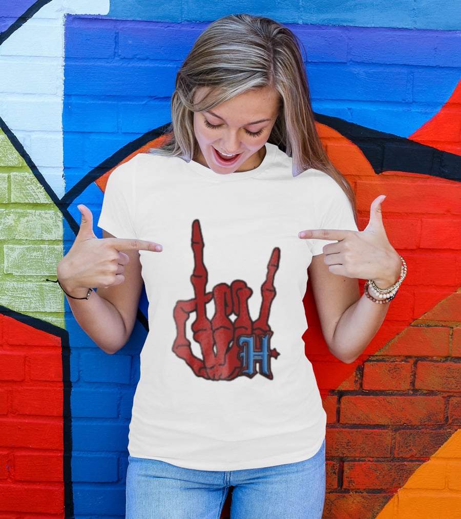 Red Skeleton Hand Sign With Blue H T-Shirt