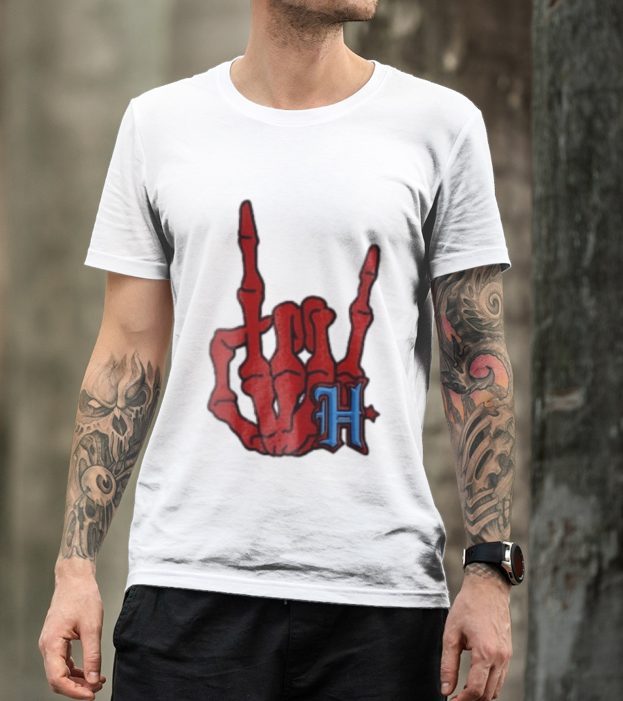 Red Skeleton Hand Sign With Blue H T-Shirt