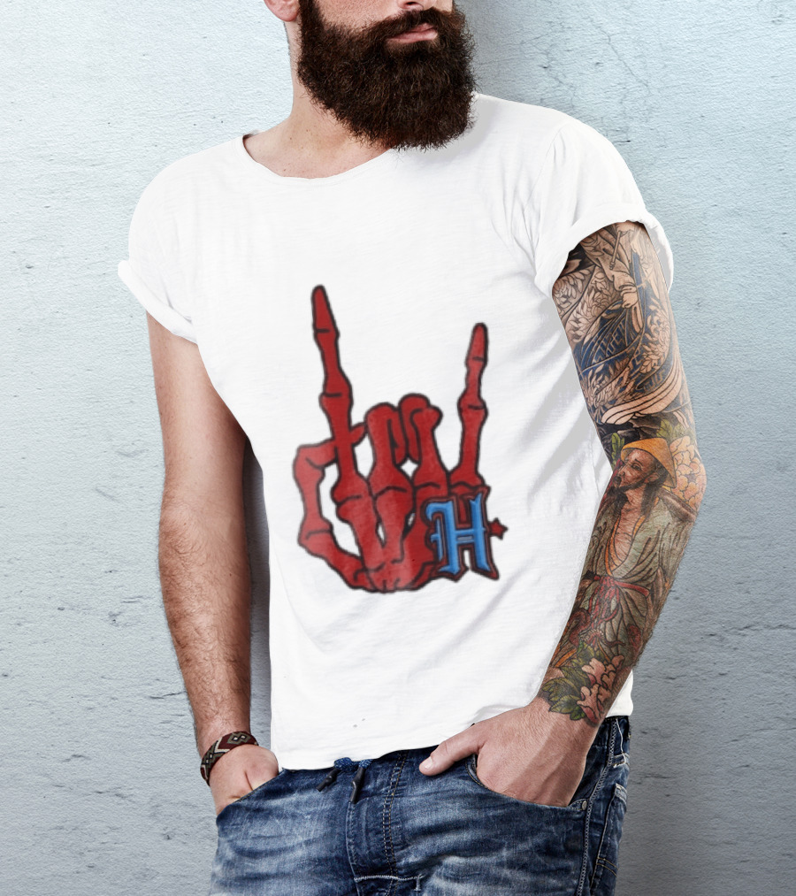 Red Skeleton Hand Sign With Blue H T-Shirt