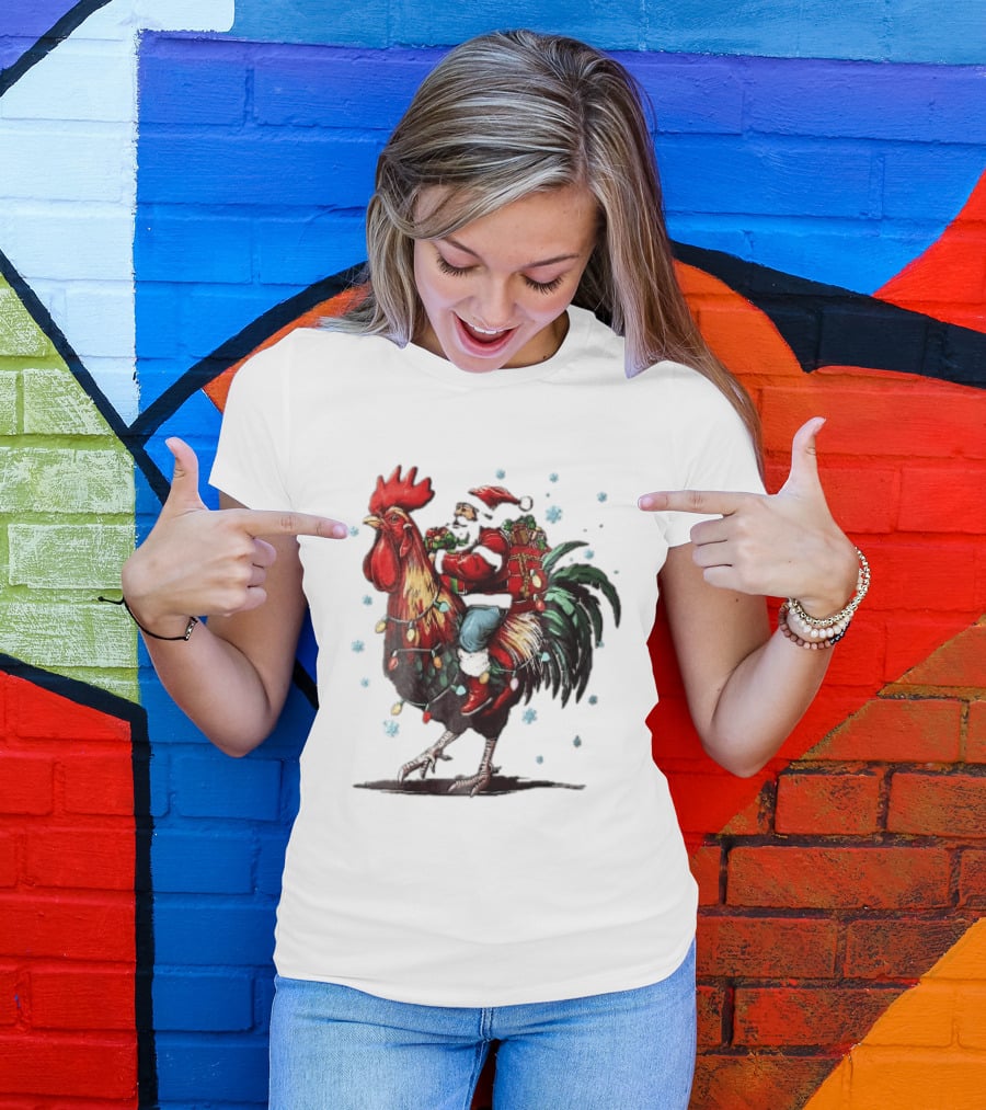 Caricature Santa Riding Rooster With Christmas Presents And Snowflakes T-Shirt