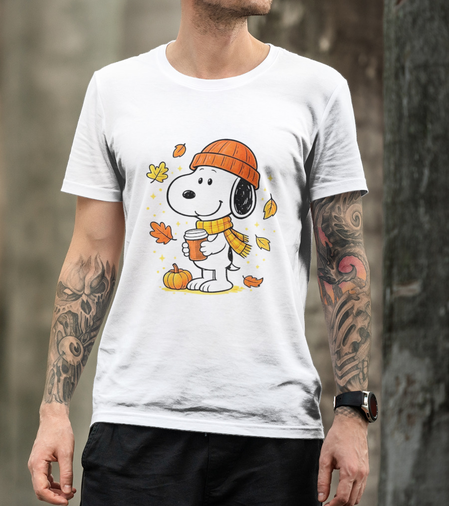 Snoopy Fall Autumn Coffee Pumpkin Leaves Warm Scarf Beanie Hat T-Shirt