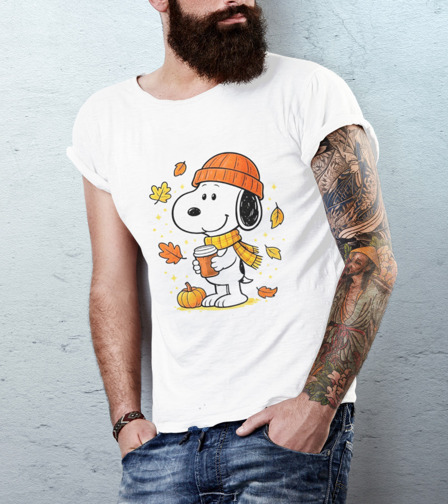 Snoopy Fall Autumn Coffee Pumpkin Leaves Warm Scarf Beanie Hat T-Shirt