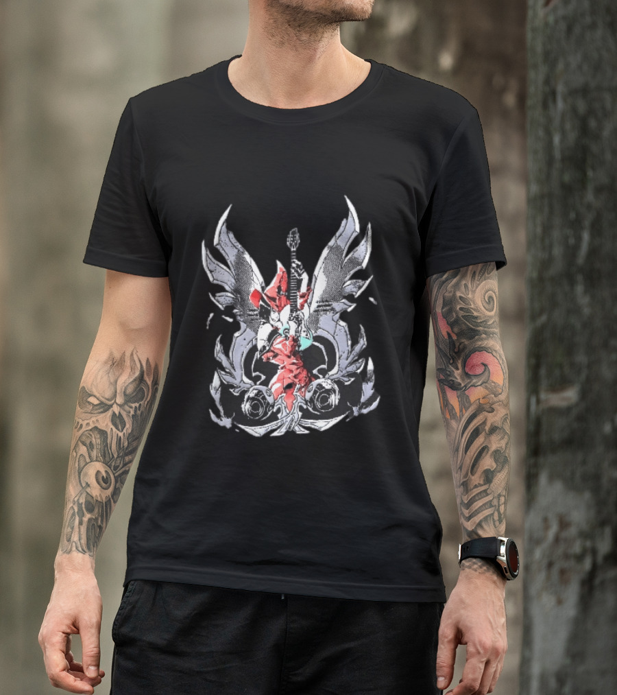 Anime Girl With Wings Holding Guitar Angelic Rock Star Fantasy T-Shirt
