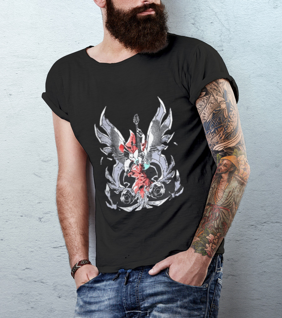 Anime Girl With Wings Holding Guitar Angelic Rock Star Fantasy T-Shirt
