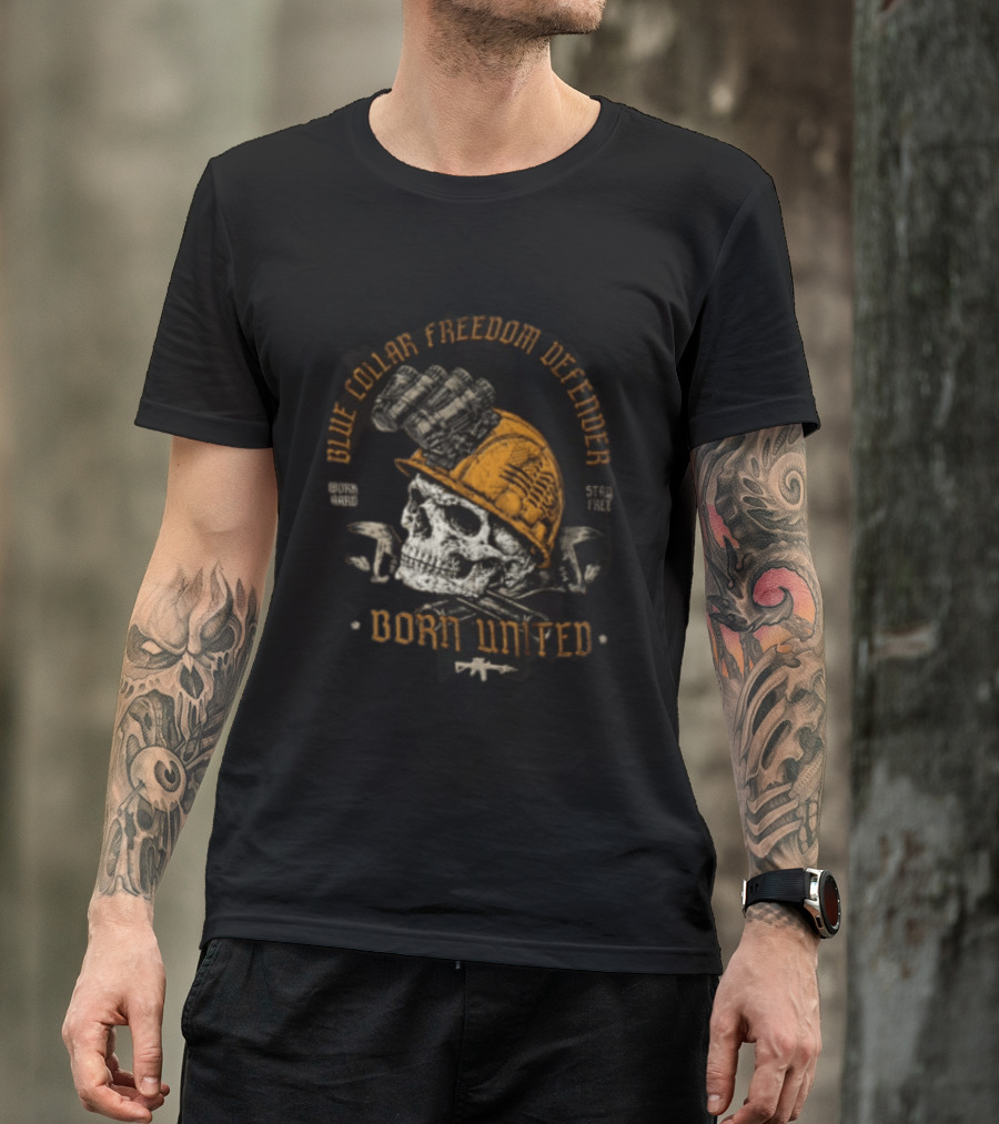 Blue Collar Freedom Defender Born United Stay Free Skull Helmet T-Shirt