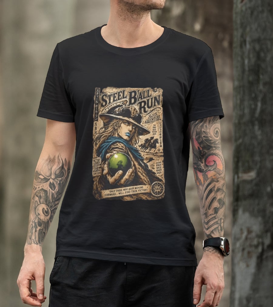 Steel Ball Run Jojo's Adventure Gyro Zeppeli Holding Steel Ball Desert Motif SBR True Man's World Ends Victory T-Shirt