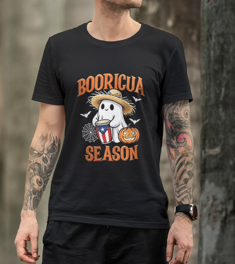 Booricua Season Ghost With Puerto Rico Flag Conga And Pumpkin T-Shirt