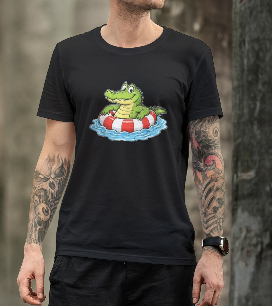 Cartoon Crocodile Relaxing In Red And White Life Buoy On Water T-Shirt