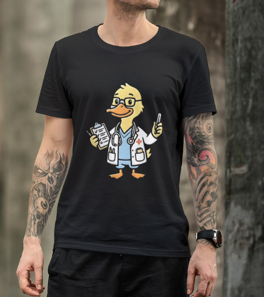 Cartoon Yellow Duck Doctor With Stethoscope Thermometer And Clipboard T-Shirt