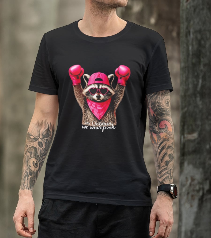 In October We Wear Pink Raccoon Breast Cancer Support Squad Boxing Gloves And Heart Glasses T-Shirt