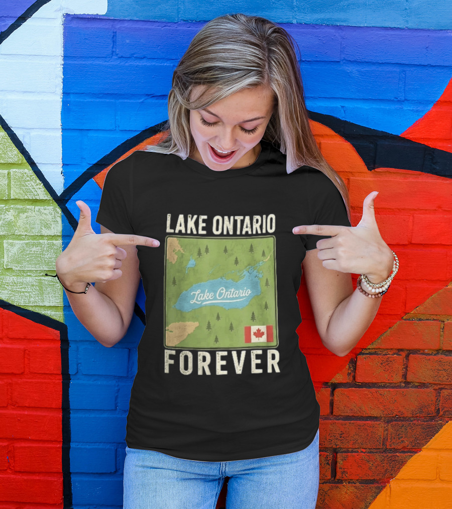 Lake Ontario Forever Distressed Map With Canadian Flag And Pine Trees T-Shirt
