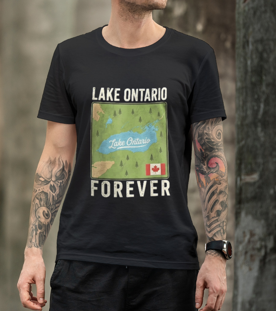 Lake Ontario Forever Distressed Map With Canadian Flag And Pine Trees T-Shirt