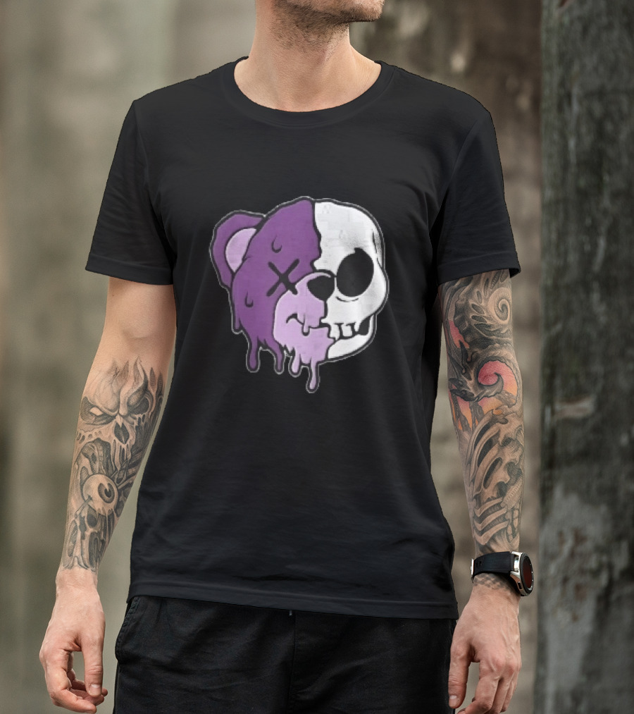 Dripping Purple Teddy Bear Skull Split Face Cartoon T-Shirt
