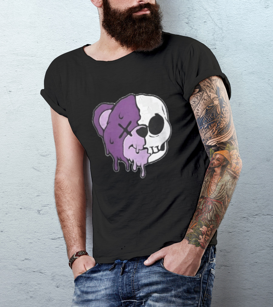 Dripping Purple Teddy Bear Skull Split Face Cartoon T-Shirt