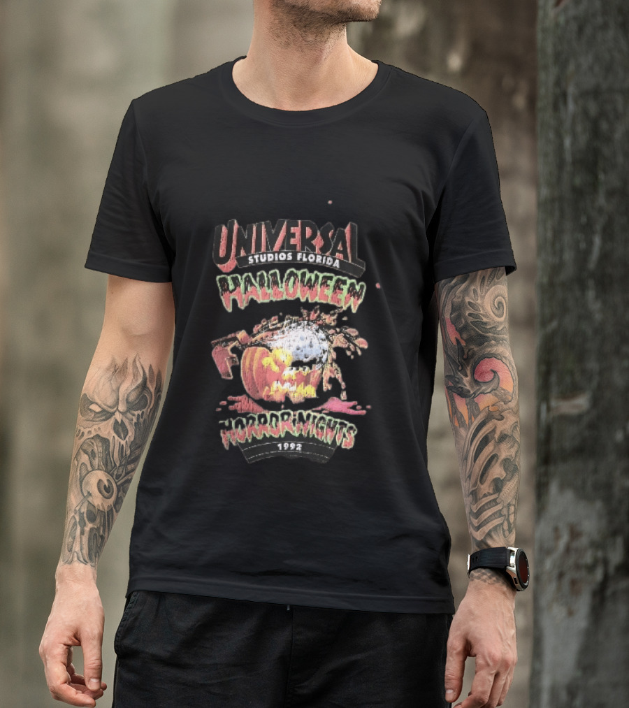 Universal Studios Florida Halloween Horror Nights 1992 Chainsaw Flaming Jack O Lantern T-Shirt