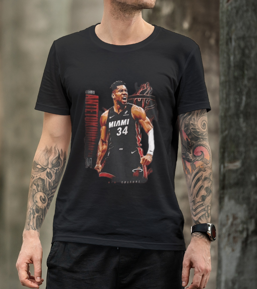Miami Heat Giannis Antetokounmpo Yelling Flames Photomontage NBA Culture T-Shirt