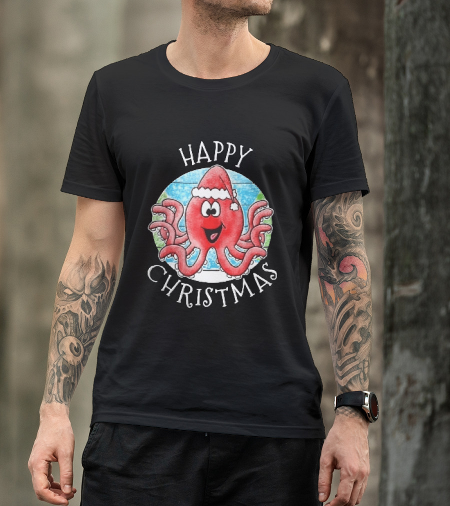 Happy Christmas Red Octopus Santa Hat Ocean Scene T-Shirt